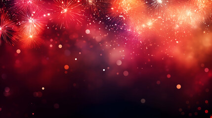A Breathtaking Fireworks Display Celebrating A Joyous New Years Eve, Vibrant Red And Gold Hues Illuminating The Night Sky With Sparkling Bokeh Effects