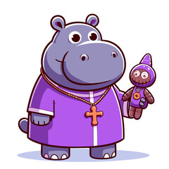 Religious hippo in purple robe holding doll. Vector illustration perfect for spiritual leaders, religious education, community outreach, and faith-based initiatives.