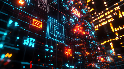 Obraz premium of the periodic table, neon-lit modern design with digital elements 