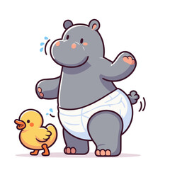 Fototapeta premium Baby hippo in diaper dancing with yellow duckling. Vector illustration perfect for nursery decor, baby products, children's books, and parenting resources.