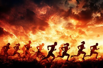 Dynamic Silhouette of Runners Against Fiery Sky at Sunset