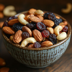 A close-up of mixed nuts, raisins, and dried fruits, including almonds, hazelnuts, and dates, showcasing a healthy, organic snack with a variety of textures and flavors