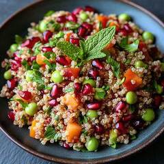 A fresh vegetable salad with tomatoes, meat, and rice served on a white plate, perfect for a healthy and delicious lunch or dinner
