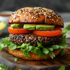A delicious vegan burger on a plate with lettuce, tomato, and cheese on a wooden background