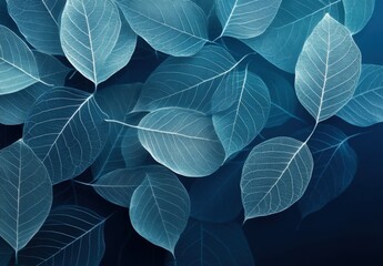 Autumn transparent leaves over blue background