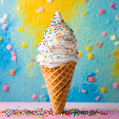 Vanilla and strawberry ice cream cone on a white background with a creamy and sweet dessert theme