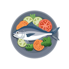 Flat vector illustration of fresh fish on a plate with vegetables