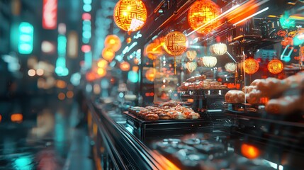A futuristic city street with robotic vendors selling traditional Chinese snacks.