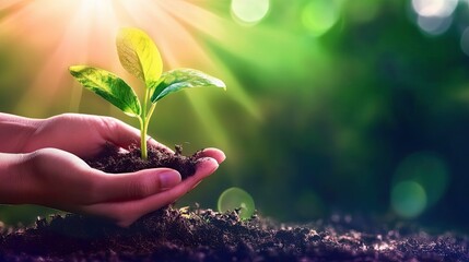 Close-up of hands holding soil with a young plant, a banner for an environment and nature protection day concept. Green background with sun rays. Stock photo contest winner, high resolution, good ligh