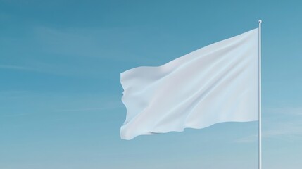 pristine white flag stands alone against serene blue sky gently waving in breeze offering abundant copy space for text