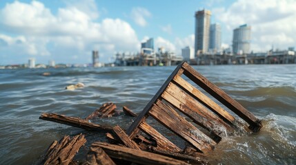 Fototapeta premium Chemical Spill Disaster Concept, Struggling Water Treatment Plant in Urban Setting with Wooden Debris in Foreground and City Skyline in Background