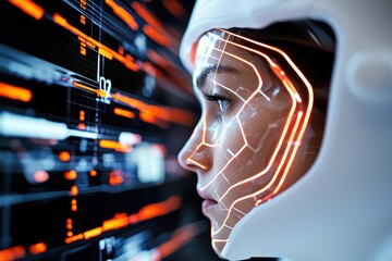 A luxury skincare consultation lab with AI-powered smart mirrors, dynamic holographic skin analysis showing hydration, elasticity, and product recommendations