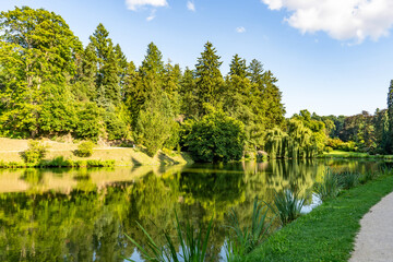 Tranquil landscape, lake with trees reflected in blue water