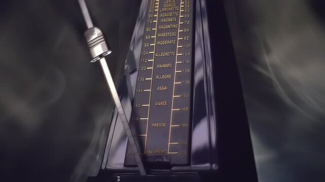 In the dark new, modern, black metronome, with a swinging pendulum, with backlighting in clouds of smoke. Closeup. Macro. Slow mo, slow motion, high speed camera, 200fps