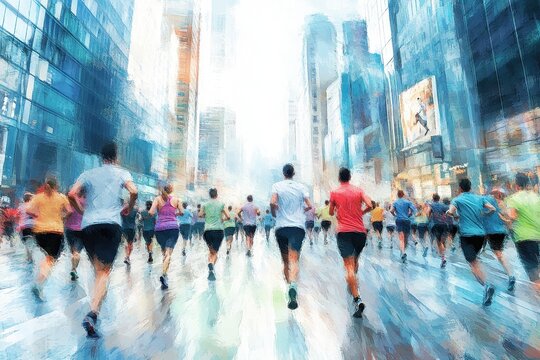 Vibrant Urban Marathon Event with Diverse Runners in City Streets