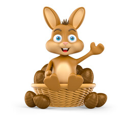 Easter Bunny Sitting in a Basket of Chocolate Eggs 3D Render with transparent background