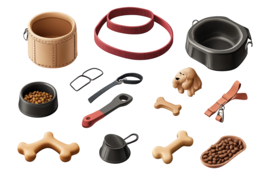 A Charming Golden Retriever Puppys Delightful Collection Of Bowls, Leashes, And Chewy Bones, Ready For A Playful Adventure With Sleek Modern Designs And Warm Earthy Tones Isolated on Transparent Backg - Powered by Adobe