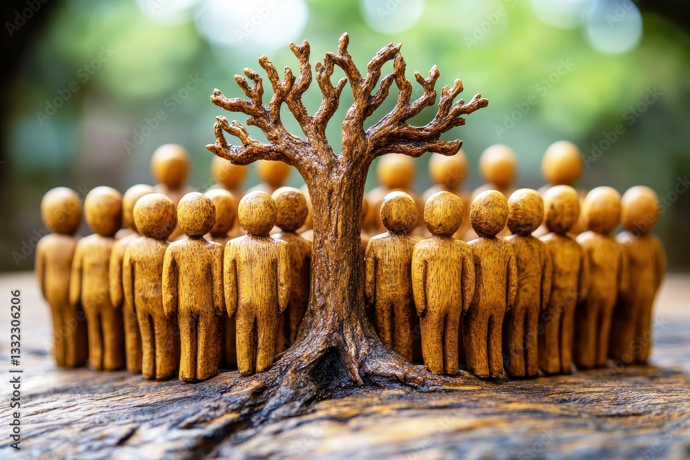 Poster wooden figurines representing community and connection gathered around a tree symbolizing growth and
