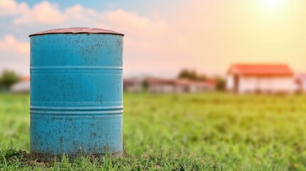 Fototapeta premium Chemical Spill Disaster Concept, Blue Water Tank in Rural Area with Contaminated Water and Sunlit Background