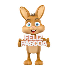 Easter Bunny Holding Feliz Páscoa Sign 3D Render with transparent background