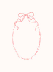 Coquettish whimsical wavy ribbon frame with cute bow. Hand drawn doodle oval girly  vertical vintage border. Valentines day, Christmas, birthday aesthetic design element