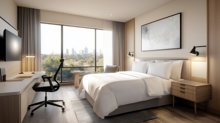 cozy yet modern hotel room featuring smart technology, comfortable bed, and stunning city view. design combines elegance and functionality for relaxing stay