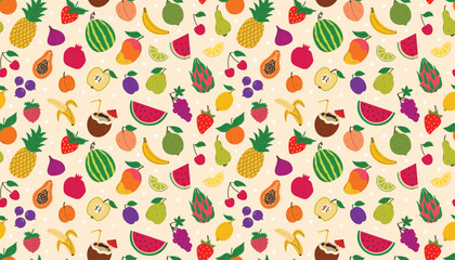 Cute seamless pattern with different summer fruits and berries. Watermelon and pineapple, lemon and strawberry and more.