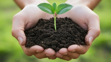 Close-up of hands holding soil with a young plant, a banner for an environment and nature protection day concept. Green background with sun rays. Stock photo contest winner, high resolution, good ligh