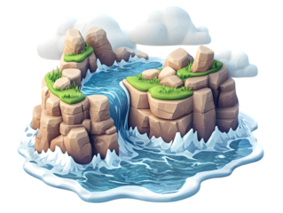 Cartoon Waterfall with Rocks and Clouds Illustration on Transparent Background