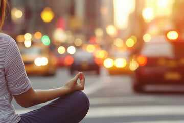 A woman meditating in lotus pose, balancing peace and energy in the busy city