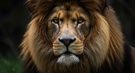 Fototapeta premium Majestic Lion Portrait: Close-up of Male African Lion with Golden Mane and Intense Gaze