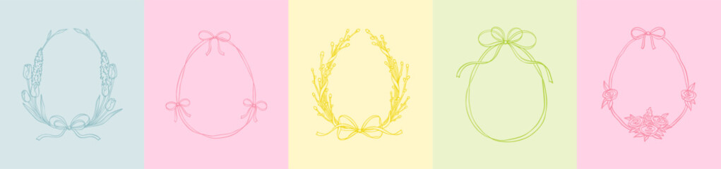 Set of cute line doodle easter eggs frames in trendy spring colors. Floral and whimsical bow ribbon coquette borders. Willow, tulip, rose flowers summer wreath collection. Hand drawn sketch