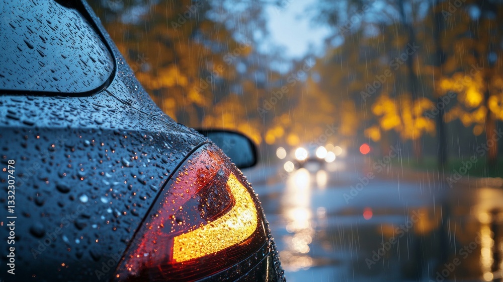 Aufkleber Raindrops cling to a car window, creating a mesmerizing display of reflections