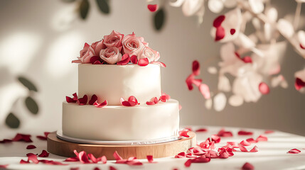 Fototapeta premium A beautiful minimalist wedding cake in white color cream decorated with rose petals decor, Wedding concept