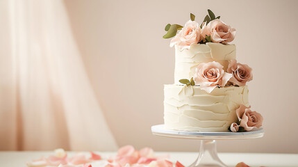 A beautiful minimalist wedding cake in white color cream decorated with rose petals decor, Wedding concept