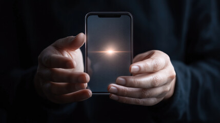 person holding smartphone displaying glowing light, symbolizing digital technology and innovation. sleek design emphasizes modernity and connectivity