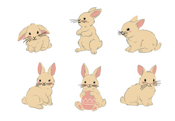 Illustration of six adorable bunnies in different poses, including one holding an Easter egg. Perfect for Easter, spring, and festive designs.