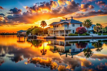 Fototapeta premium Tampa Bay Waterfront House, Hillsborough Bay, Florida - Bokeh Sunset