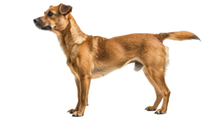 Brown mongrel dog standing and looking away on transparent background