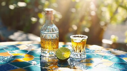 Refreshing tequila drink served with lime on a vibrant tiled table under the warm sunlight