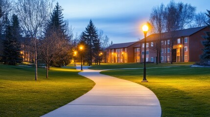 Fototapeta premium Tranquil Evening Pathway with Streetlights Illuminating Lush Green Lawn Surrounded by Trees and Residential Buildings at Dusk in a Serene Environment