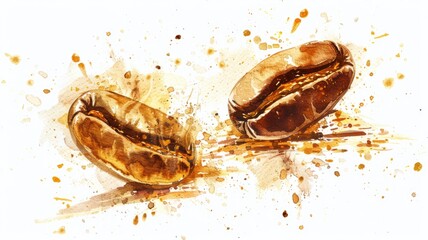Artistic watercolor painting of coffee beans with splatter effect