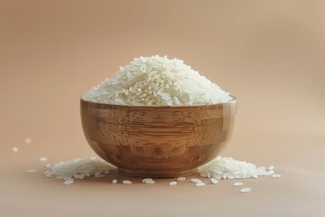 raw white rice grains with burlap sack in wooden.