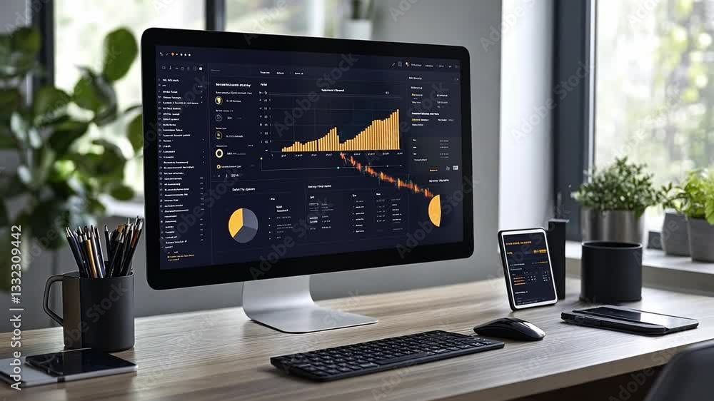 Poster modern office workspace with computer displays showing data analytics and charts in natural light