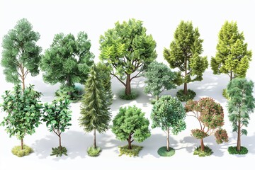 Collection of various tree models, showcasing diverse species and sizes. Perfect for landscaping design or 3D modeling projects.