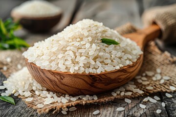 raw white rice grains with burlap sack in wooden spoon on wooden background.
