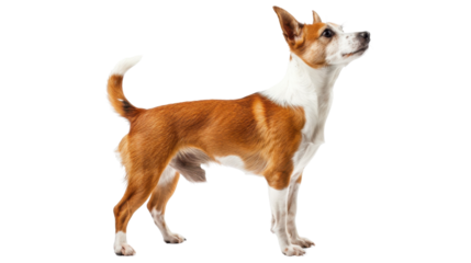 Portuguese podengo pequeno dog standing and looking up on transparent background