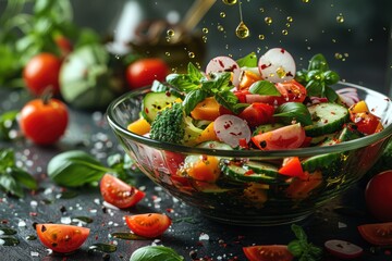 Colorful and delicious vegetable salad in a bowl with a healthy olive oil dressing.