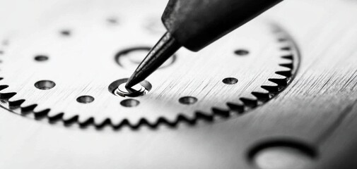 Close-up of watchmaker precision mechanics, tiny metallic gears on a technical drawing, hyper-detailed craftsmanship, high contrast lighting