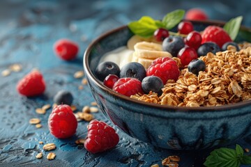 Vibrant breakfast with granola, Greek yogurt and berries.